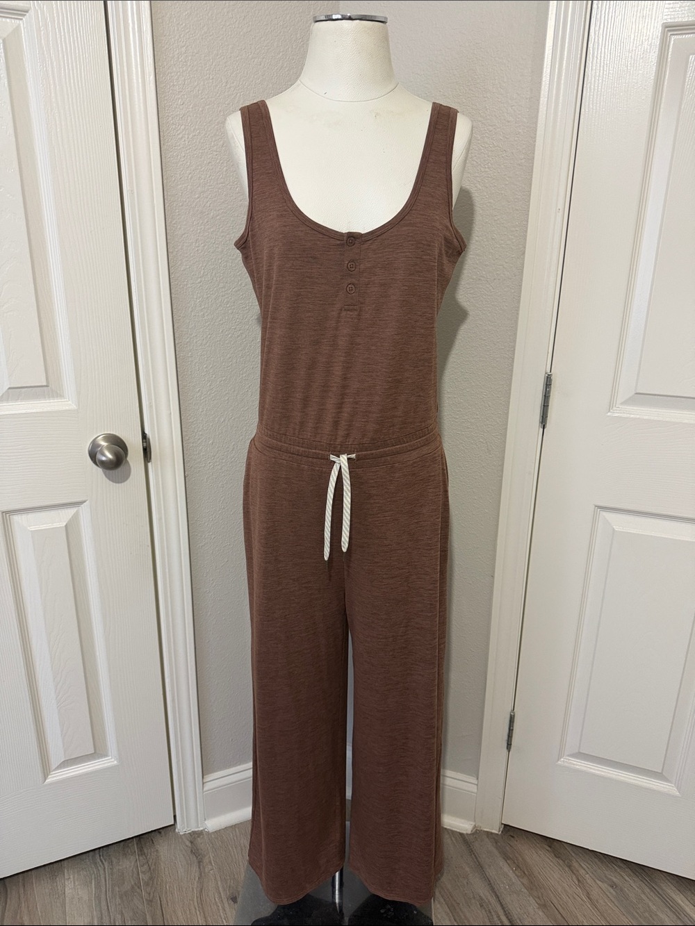 Vuori Falls Jumpsuit in Almond Heather Drawstring Wide Leg - Picture 2 of 10